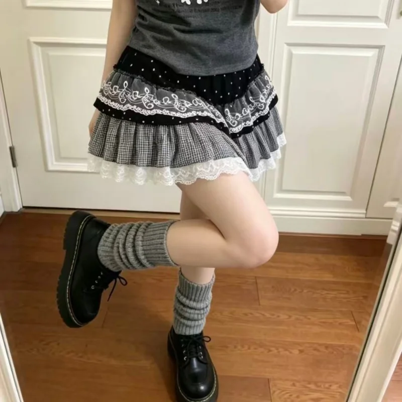 

Music Lace Spliced Color-block Puff Skirt for Women Korean Retro Sweet Style High Waist Skirt Girl Y2K Cuteore Mini Plaid Skirts