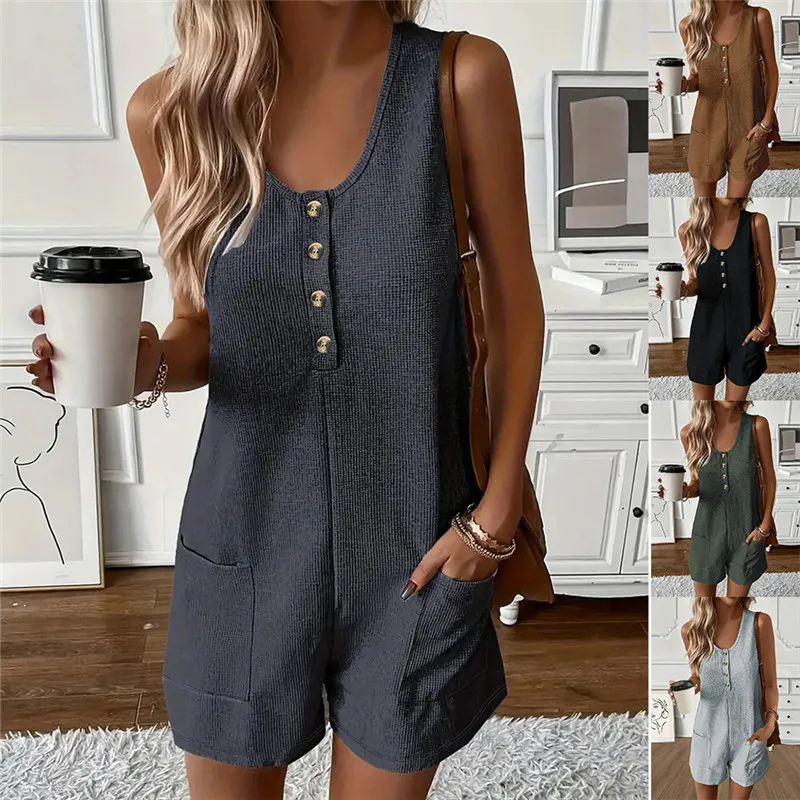 Solid Color Casual With Pocket Jumpsuit Spring Summer Street Resort Style Knitted Sleeveless Button Women's Short Rompers