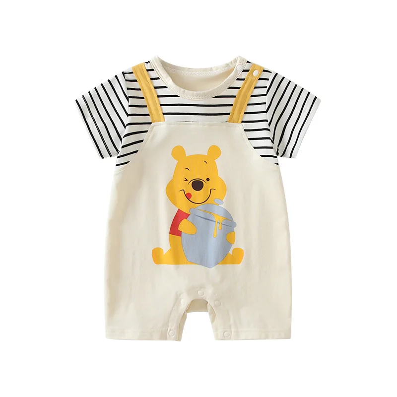 

MINISO Winnie Bear Summer Baby Boy Striped Strap Faux Two Piece Infant Romper Cute Cotton Short Sleeve Newborn Crawling Outfit