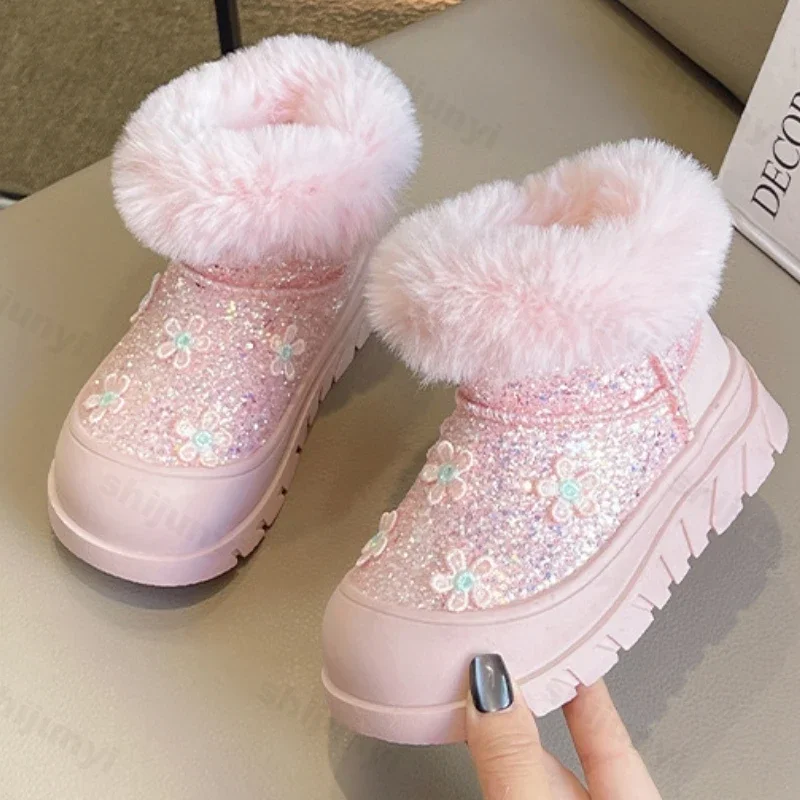 Children Snow Boots Thick Fleece Girls Cotton Shoes Fashion Shiny Warm Shoes New 2024 Winter Kids Ankle Boots Zapatos Niña