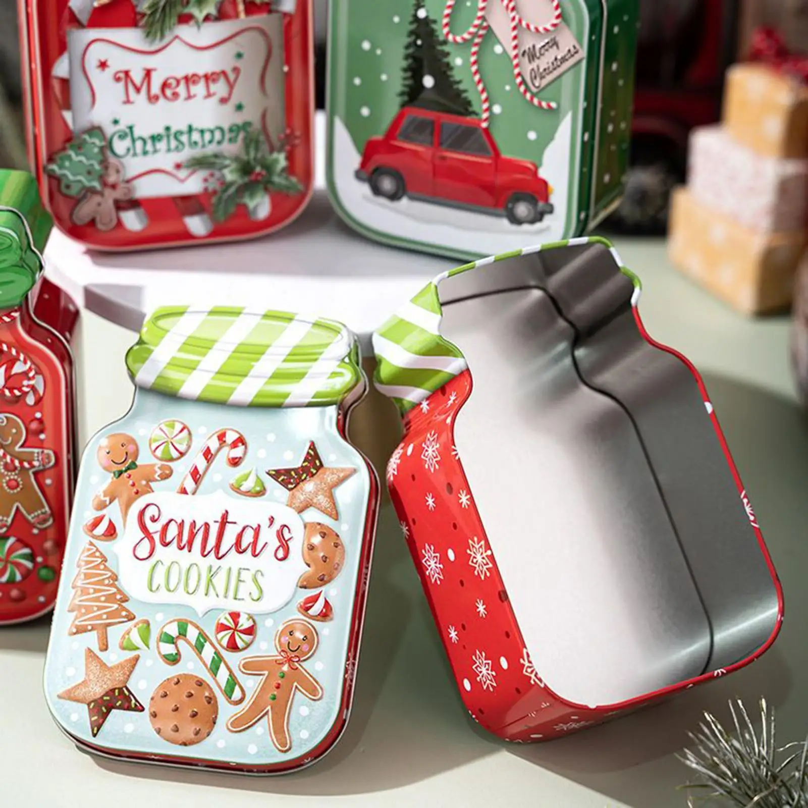 

Christmas Tins Christmas Tin Box with Lid Metal Jar Container Holder for Candy Cookie Treat Packaging Stocking Stuffers Holiday