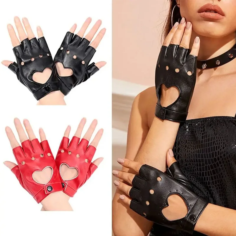 1Pair Gothic Punk Fingerless Gloves for Women, PU Leather Short Jazz Gloves with Heart Love Design, Romantic Gift for Dancers