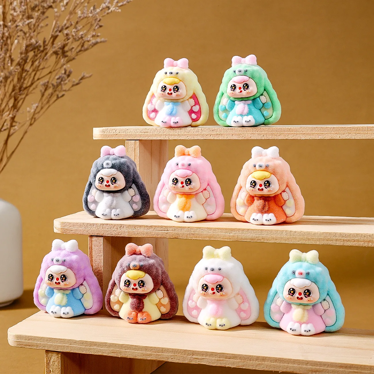 9 peças de enfeites de mesa de boneca de coelho com orelhas de raiz fofas