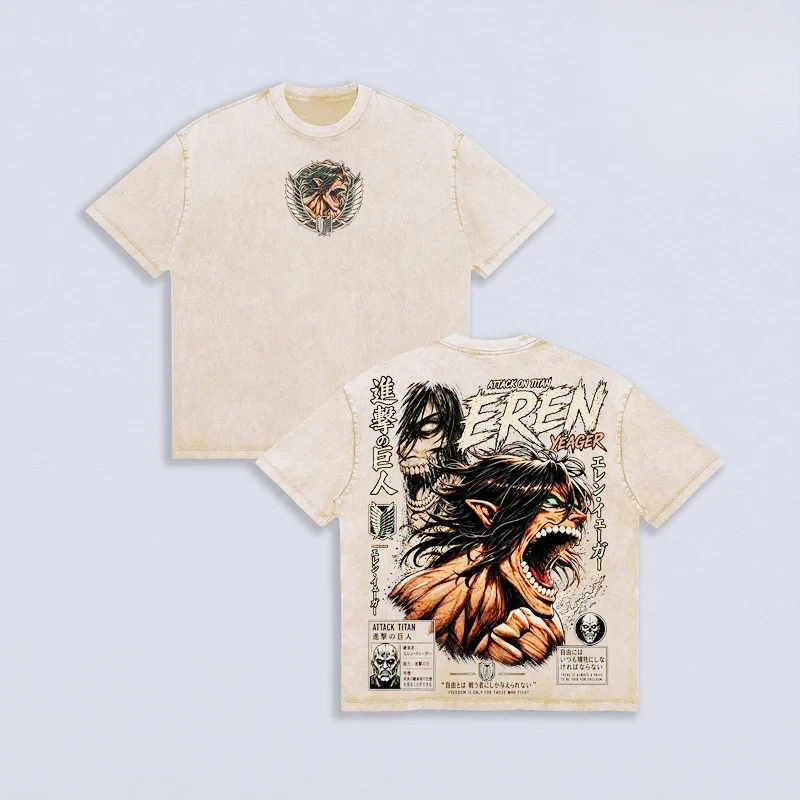 Attack On Titan Eren Yeager Vintage Washed T Shirt Men Women Double Sided Print Anime Graphic Tee Oversized Short Sleeve T-shirt