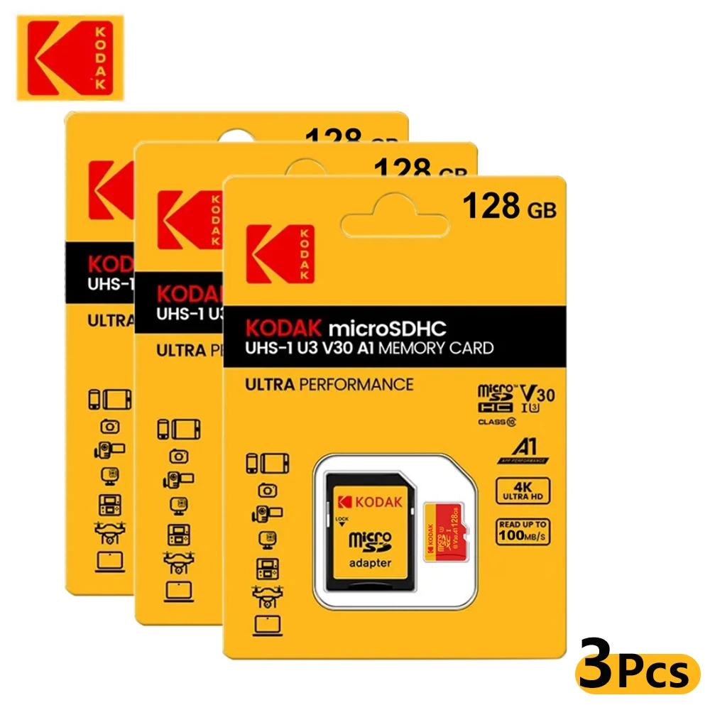 3Pcs KODAK MicroSD Card Memory Card Class10 U3 4K High Speed Flash Memory TF Flash Cards for Phone Tablet Camera Laptop