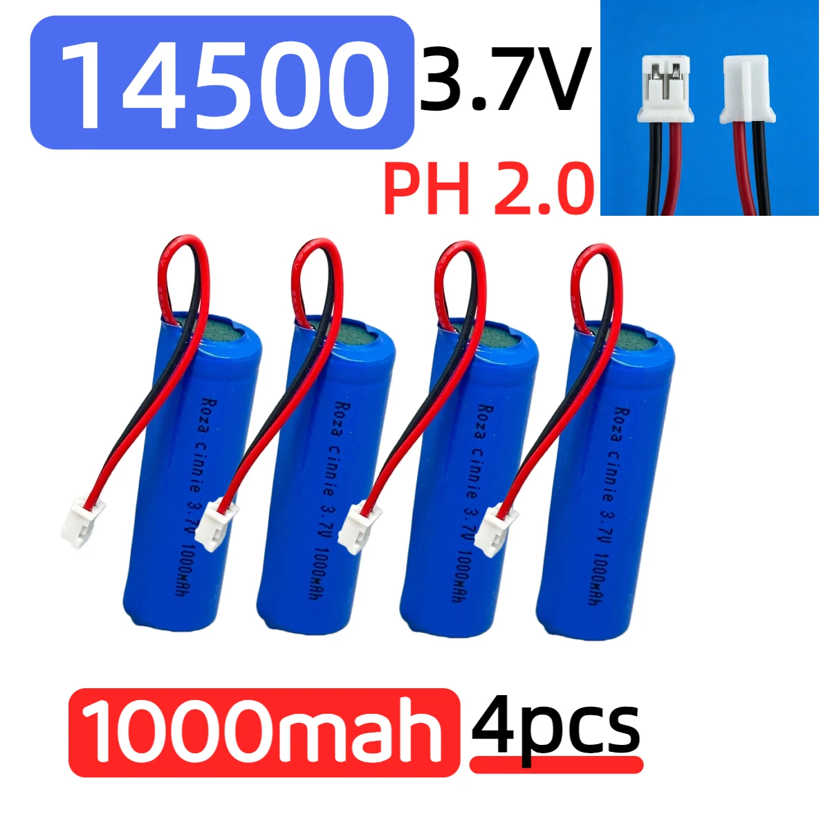14500 1000mAh 3,7V Wiederaufladbare Batterie mit PH2.0-Anschluss für Elektronische Geräte PH2.0-Stecker für Powerbank Taschenlampe