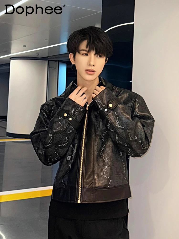 

Men's 2025 Autumn New Snake Pattern Jackets Men's PU Leather Design Personality Lapel Coats Long Sleeve Padded Shoulder Jackets