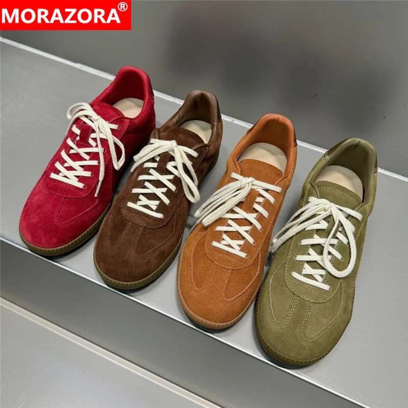 

NORAZORA Ins Brand Women Sneakers Lace Up Casual Flats Cow Suede Leather Flat Shoes Candy Color Ladies Shoes Red Brown Green