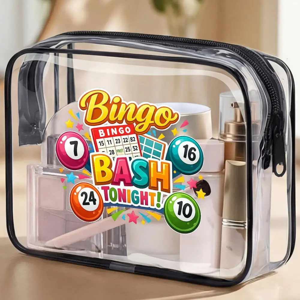 Clear PVC Zippered Makeup Bingo Organizer Bag With Bingo Balls Card Design MultiColored Star Travel Toiletry Pouch Suitable F