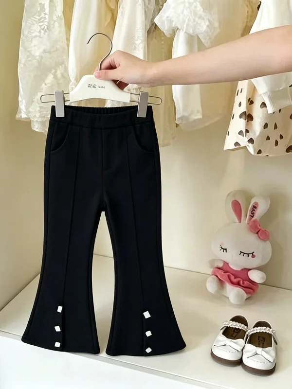 Girls Lace Splice Bubble Sleeve Casual Flared Pants Set Autumn New Style Two Pieces Trendy Leather Jacket And Pants Outfit