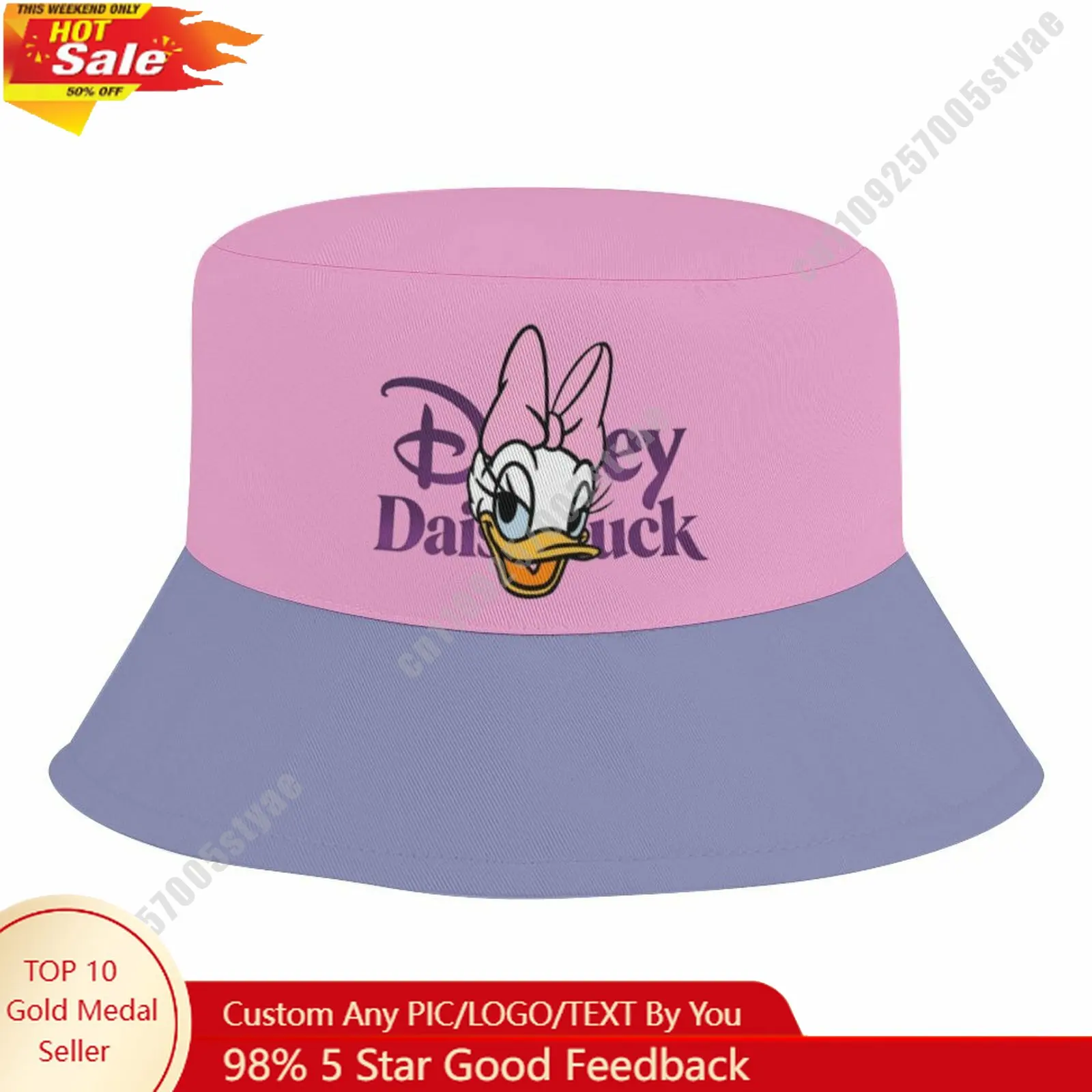 

Daisy Duck Bucket Hat Disney Cartoon Character Custom Design Upload Your Image Logo Fisherman Hat 50–54cm Head Circumference