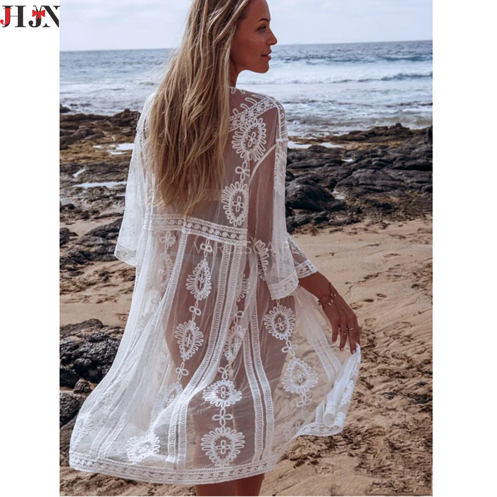 Women Hollow Out Lace Embroidery Cardigan Mid-Length Sun Protection Cover Up Three Quarter Sleeve Casual Beach Vacation Outfit