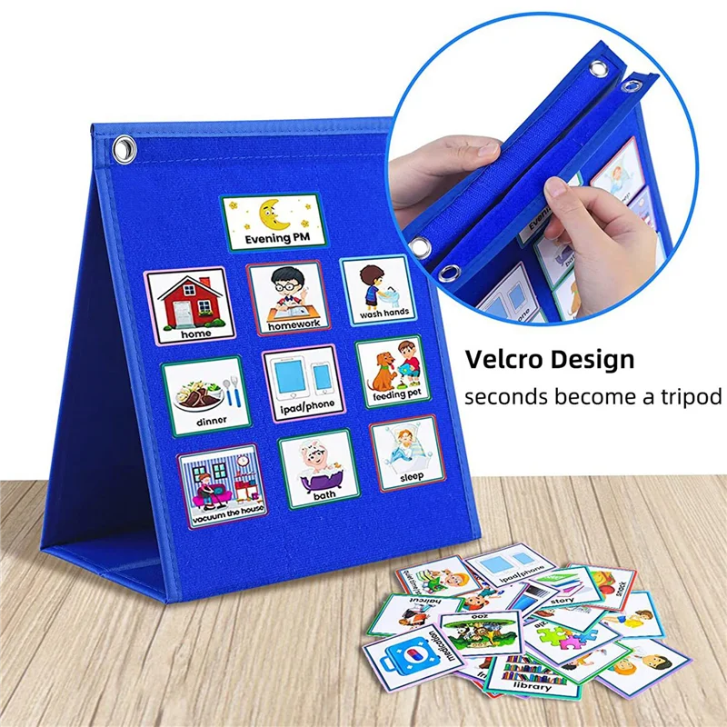 Well Made-Visual Schedule For Kids Daily Routine Chart With 70 Cards Blue Felt Autism Learning Behavioral Tool For School