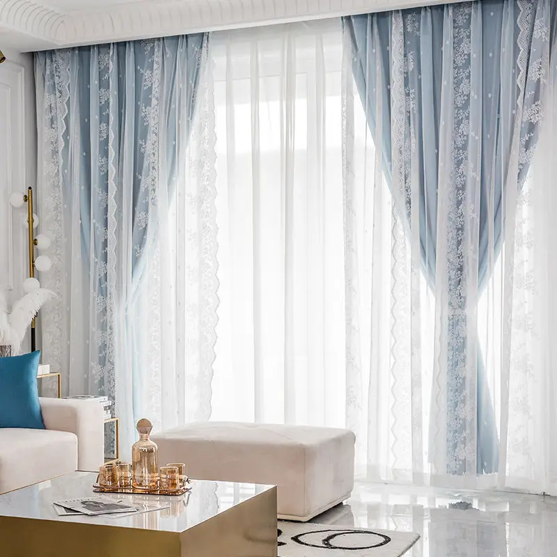 French Cream Lace Curtains Bedroom Blackout Balcony Shade Curtain Luxury Curtains for Living Room Girl Ins Wind Room Decoration