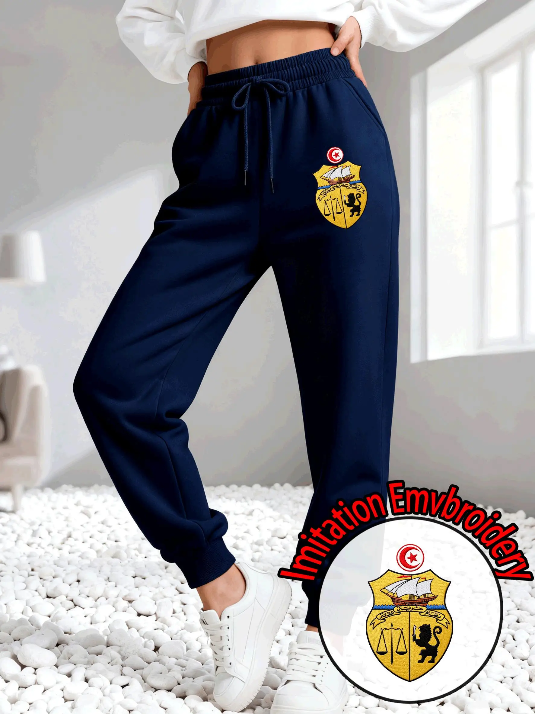 Tunisia Imitation Embroidery Print Women Sweatpants Autumn Casual Pants Pocket Multicolor Trousers All-Match Fleece Jogging Pant