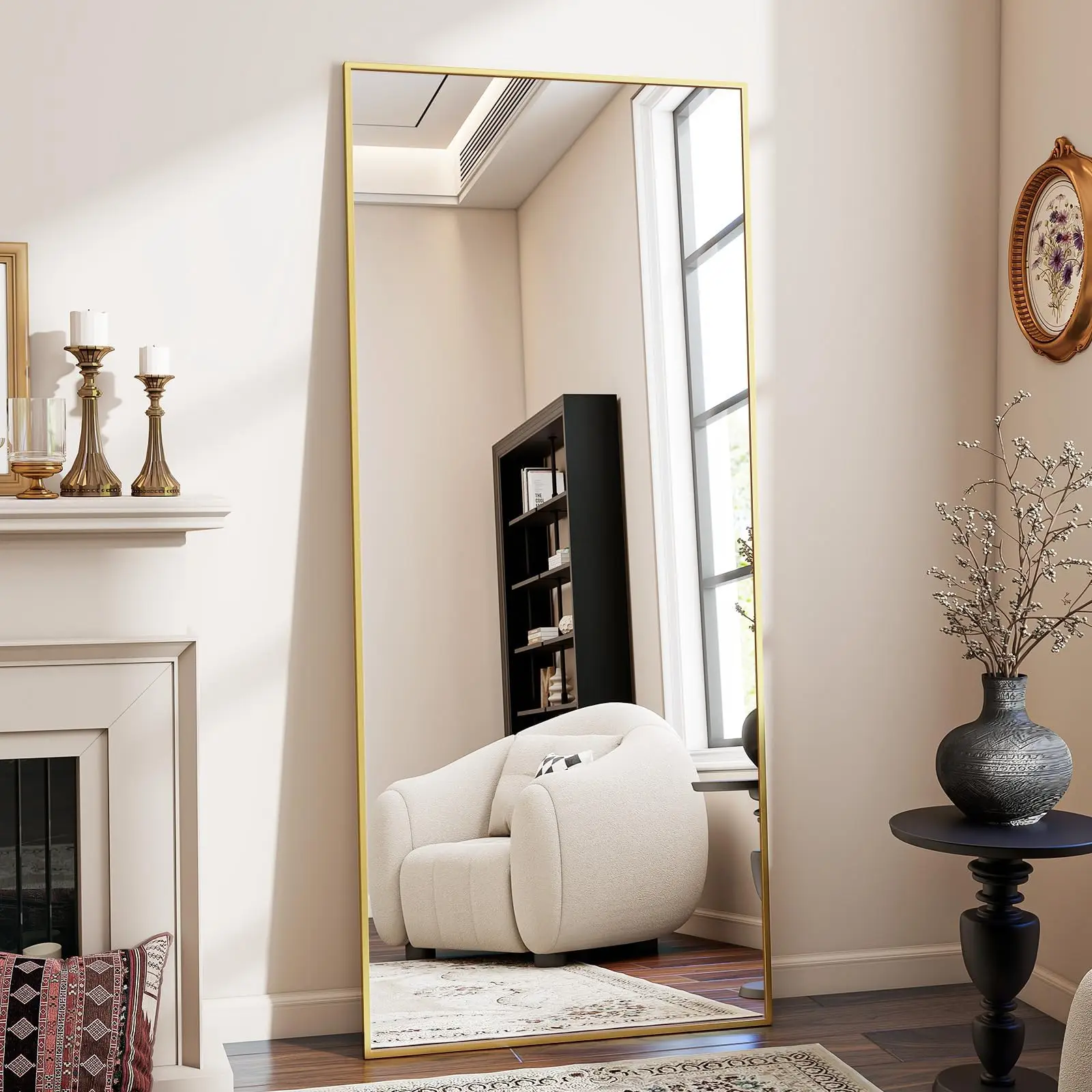 مرآة أرضية BEAUTYPEAK مرآة كاملة الطول - مستطيلة 26 بوصة × 71 بوصة، إطار من الألومنيوم، جدار قائم بذاته وميل