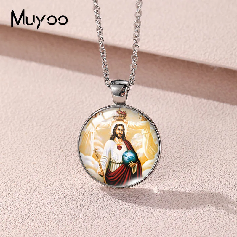 2023 New Religious Figures Jesue Cross Faith Christ Pendant Necklace Vintage Round Photo Necklaces Glass Dome Jewelry Gifts