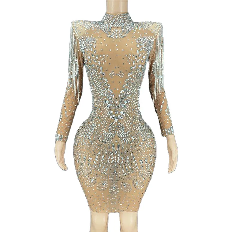 

Rhinestone Women Sexy Sparkly Chain Crystal Short Dress Mesh See Through Evening Birthday Outfit