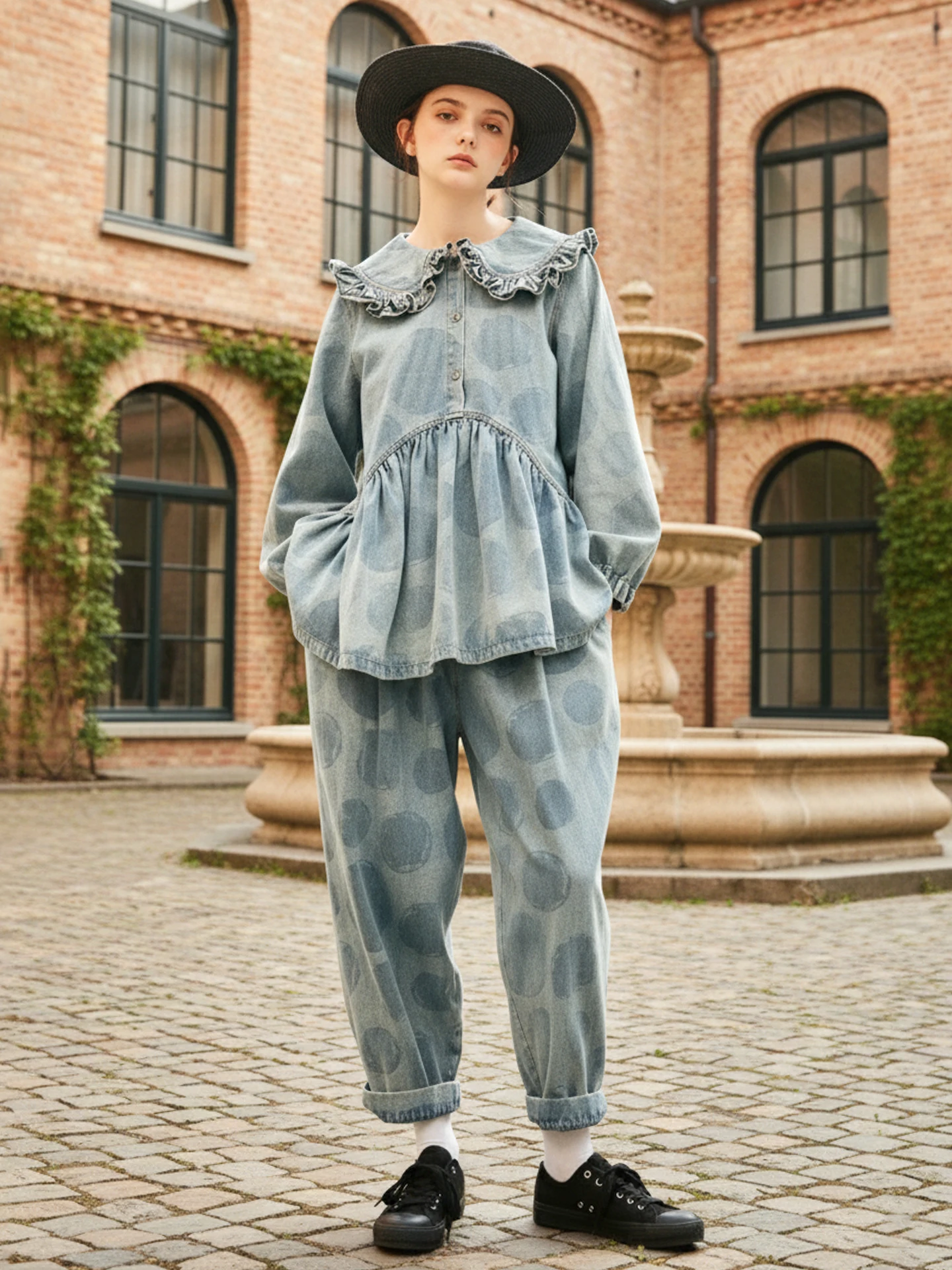 

Vintage Polka Dot Denim Pants Loose Cut City Strolling Retro & Fashionable 234201