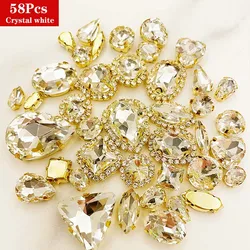 58pcs/bag Golden Bottom Shiny White Color Sew on Rhinestone+Crystal Buckle, Glass Loose Stones, Diy/Clothes/Wedding Decoration