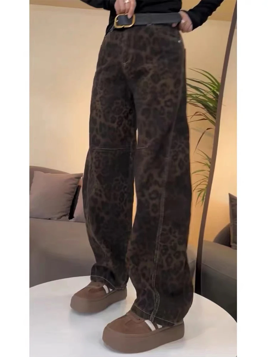 

Джинсы прямого кроя больших размеров с американским леопардовым принтом, женские, с высокой талией, широкие, расклешенные, осенние, свободного кроя, с эффектом похудения