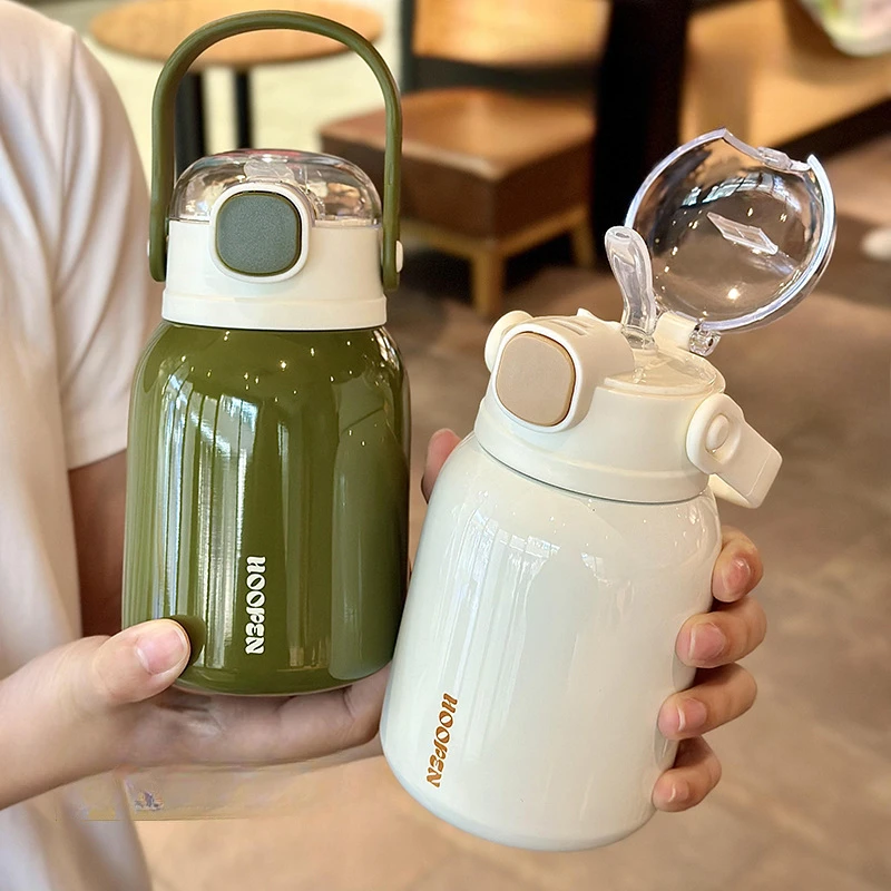 500ml 316 Stainless Steel Straw Cup, One Click Pop Lid Gloss Vacuum Insulated Water Bottle with Carry Handle for Outdoor Sports