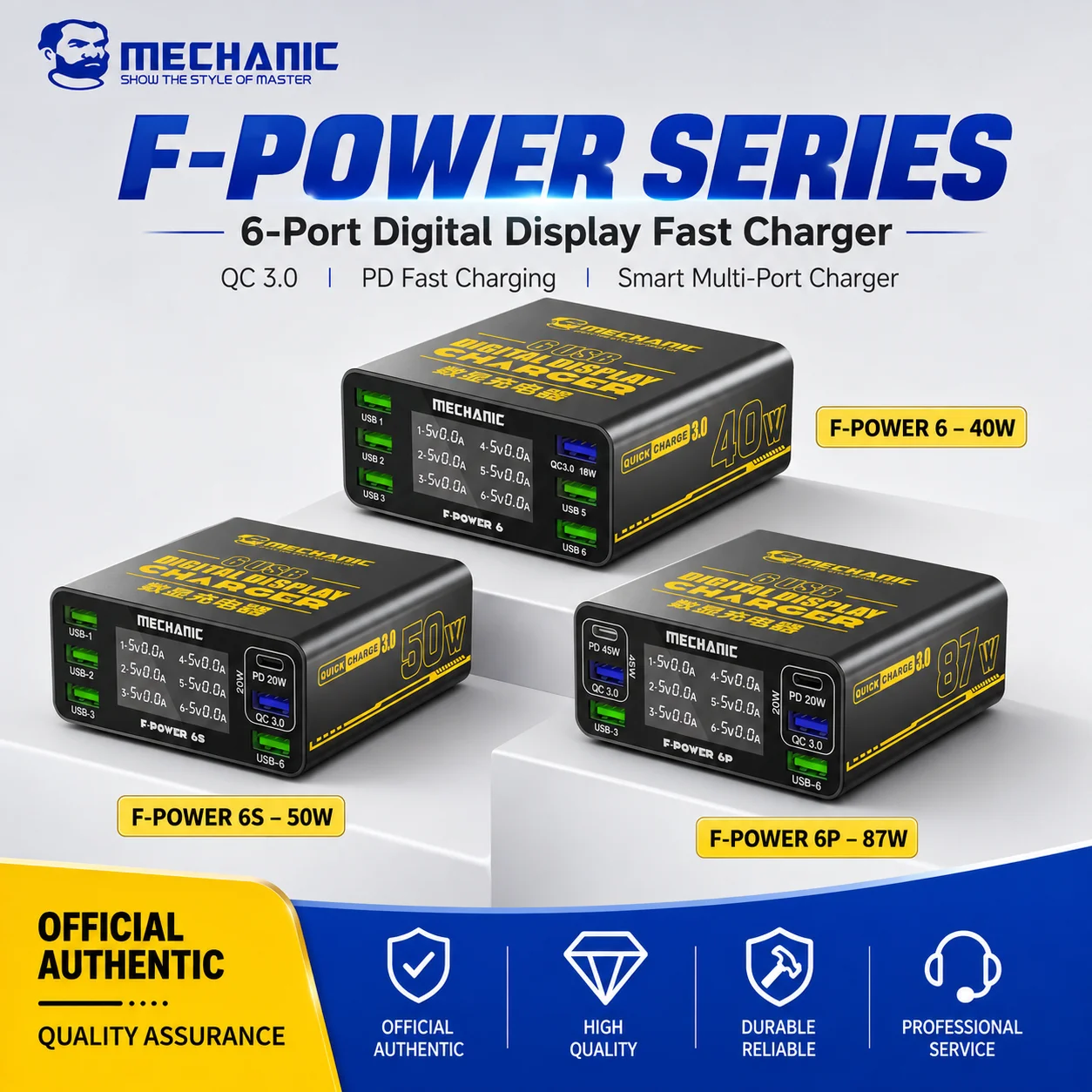 MECHANIC F-Power 6-Port USB Fast Charging Station Digital Current Display Smart Charger 9 Protections for Phone Tablet Repair