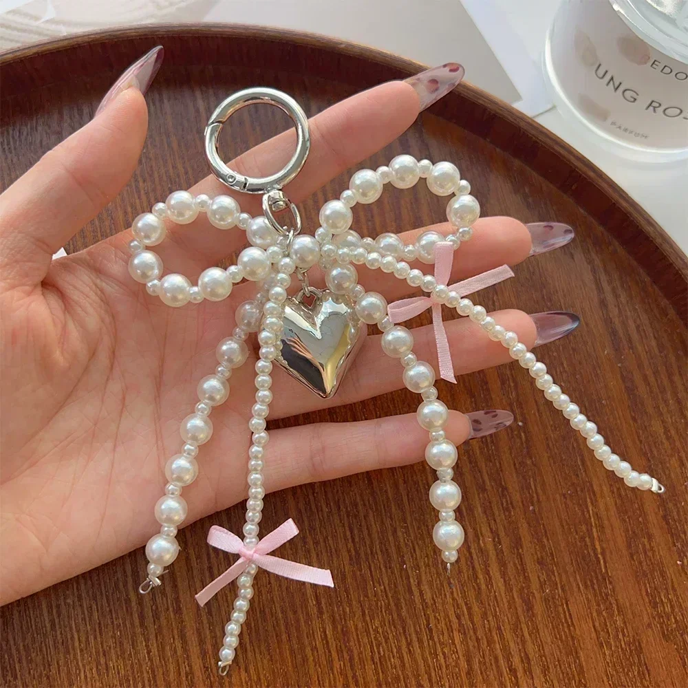 2024 New Korean Sweet Pearl Bow Keychain Heart Pendant Keyring Y2K Aesthetic Key Holder for Girls Bag Pendant Accessories