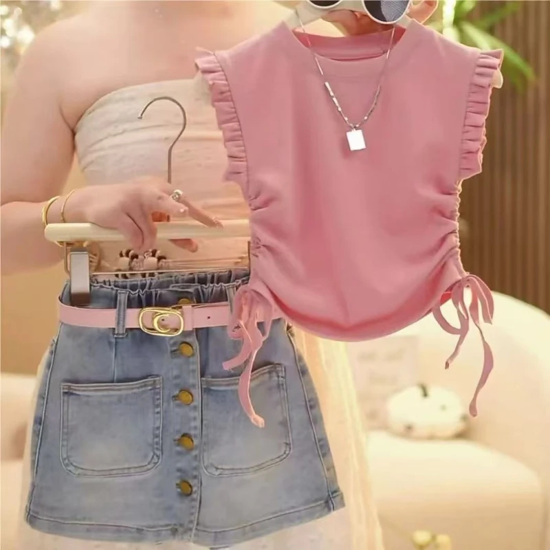

2026 Girls Summer Outfit Set, New Children Flutter Sleeve Tank Top with Denim Skort, Versatile Two-Piece & Fashion Collection