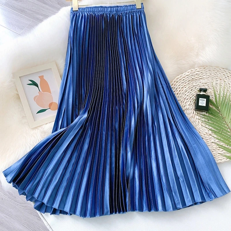 

Autumn Women's Pleated Knee Length Skirt Fashion Slim Fit High Waist Solid Color Skirt 2023 New Black and White Blue Pink