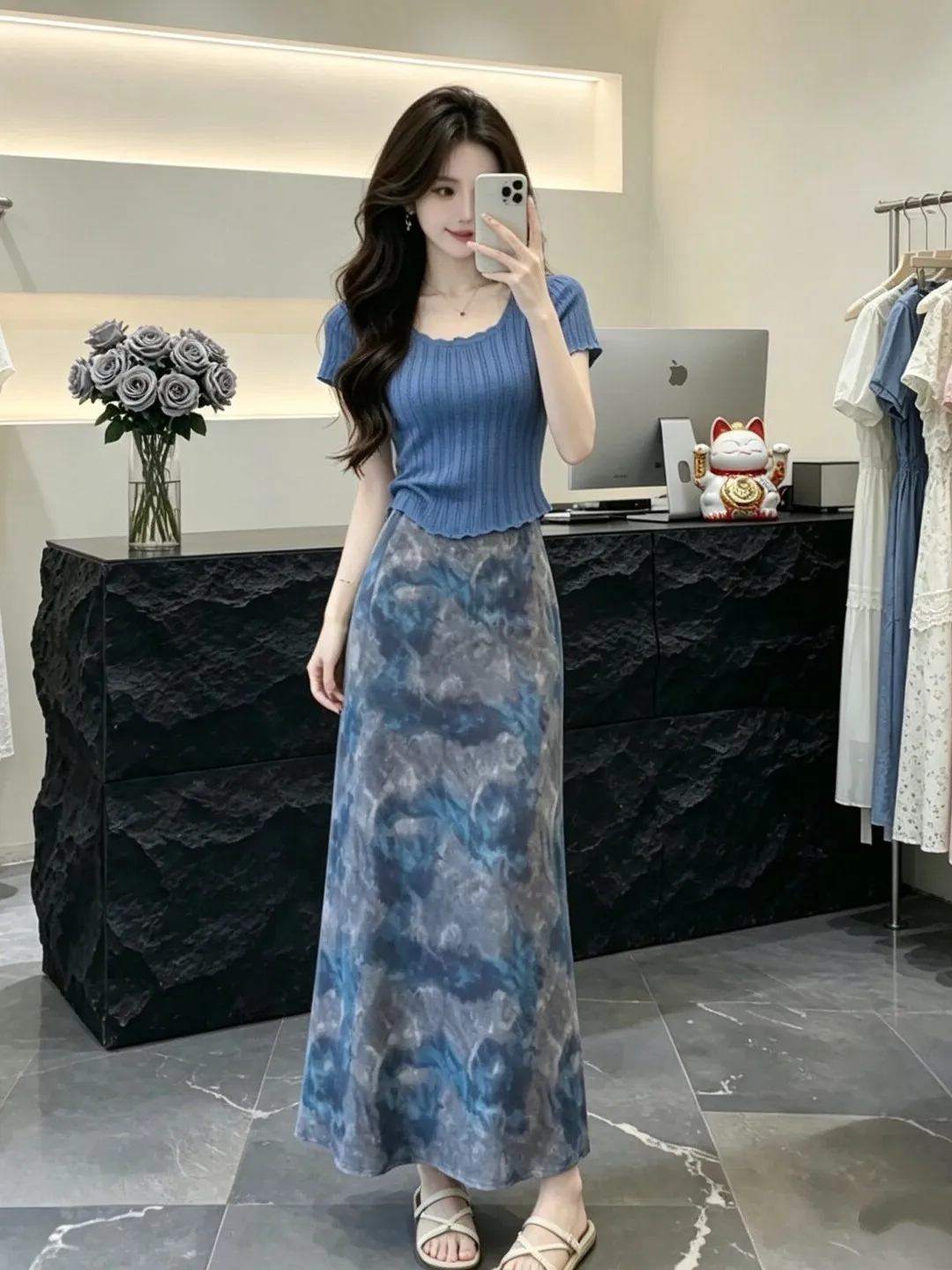 

Elegant Summer 2026 Blue Short Sleeve Top High Waist Floral Half Skirt Two Piece Set Women's Fashion Casual Vacation Date