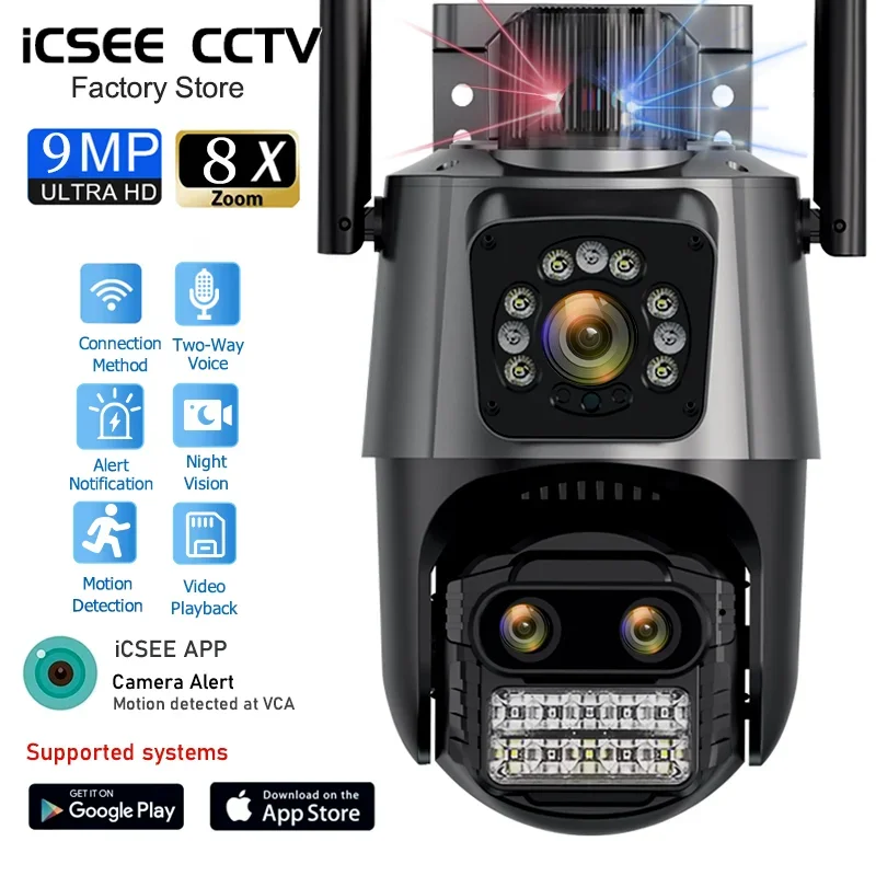 في الهواء الطلق 9MP WIFI IP كاميرا 4K HD ثلاثة عدسة شاشة مزدوجة كاميرا متحركة 8X التكبير تتبع السيارات الأمن CCTV مراقبة الفيديو iCSee