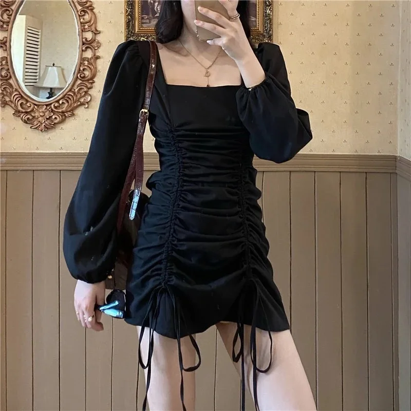 Women's Black Drawstring Design Long Sleeved Dress Spring Autumn New French Retro Style Small Stature Temperament A Slim Waist