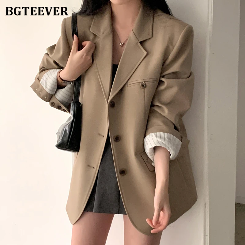 

BGTEEVER Spring Loose Single-breasted Women Blazer Casual Notched Collar Long Sleeve Pockets Women Suit Jackets