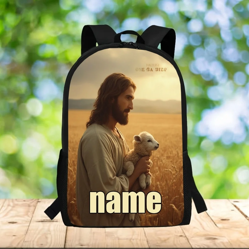Personalized Custom Name Jesus And Lamb Print Backpack Christian Religious Backpack Custom Text School Travel Book Bag Gift For