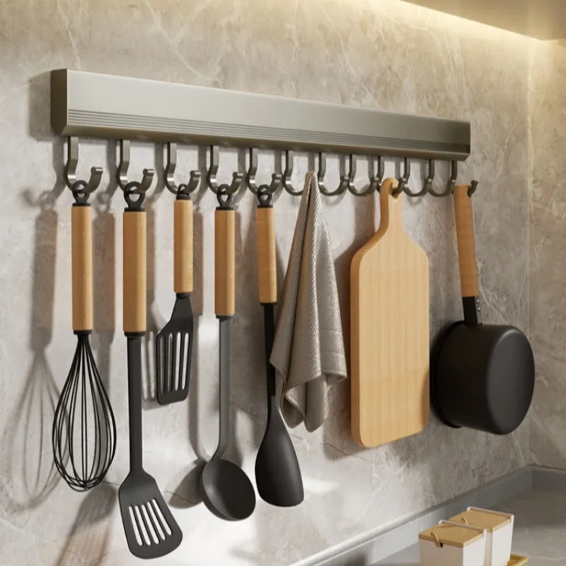 Aluminum Alloy Hooks Rack Wall Mounted Drill-free Kitchen Utensils Storage Row Hook Holder Bathroom Robe Towel Coat Hangers