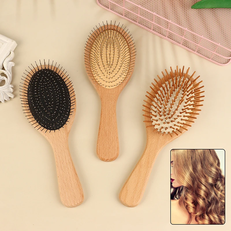 1pc Bamboo Hair Brush Steel Needle Hair Scalp Massage Comb Anti-Static Natural Paddle Airbag Cushion Handle Brushes