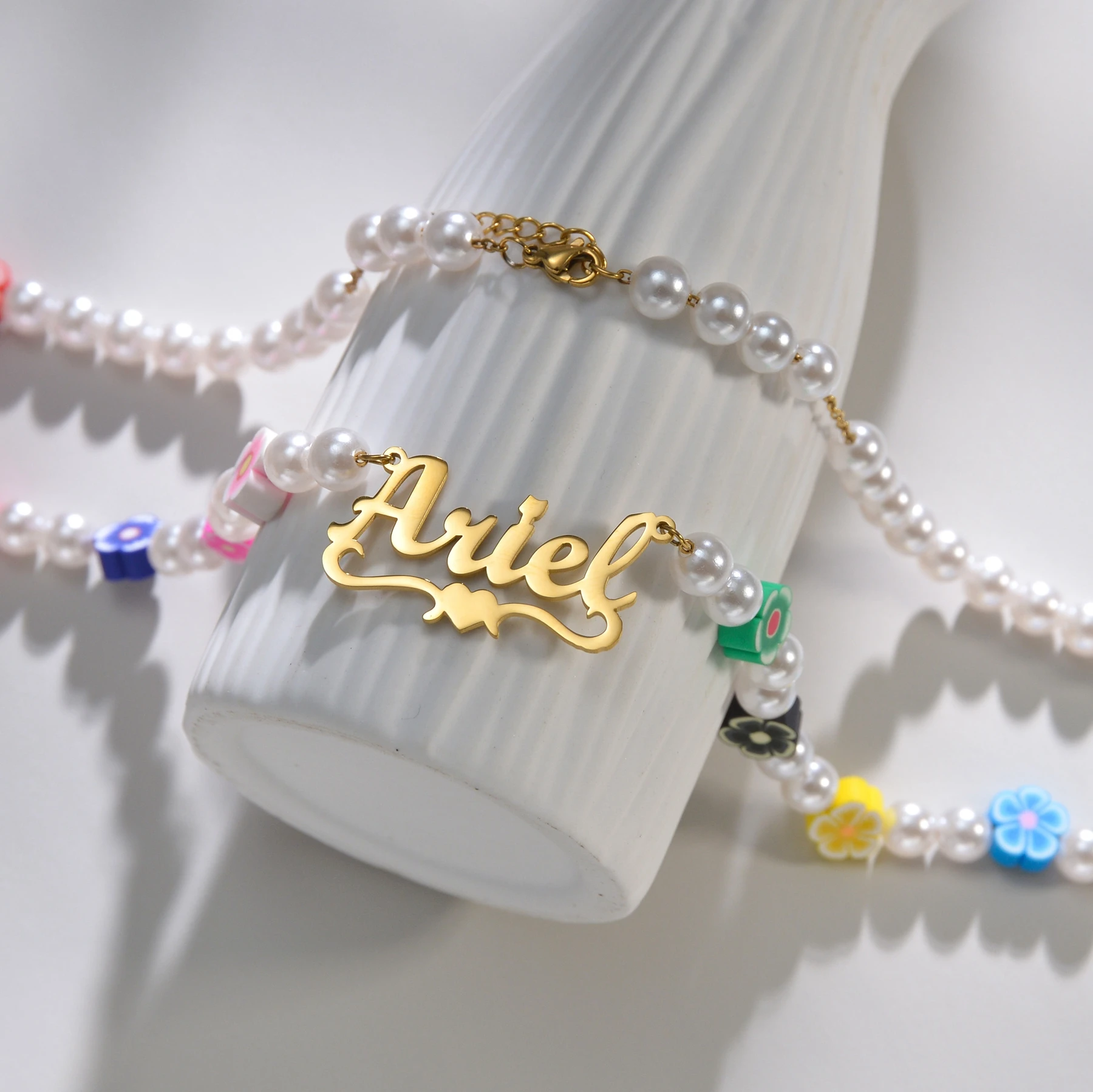 Collar de acero inoxidable personalizado con nombre para mujer, cadena con cuentas de flores de colores, Gargantilla, colgante, regalo de joyería, novedad de 2022