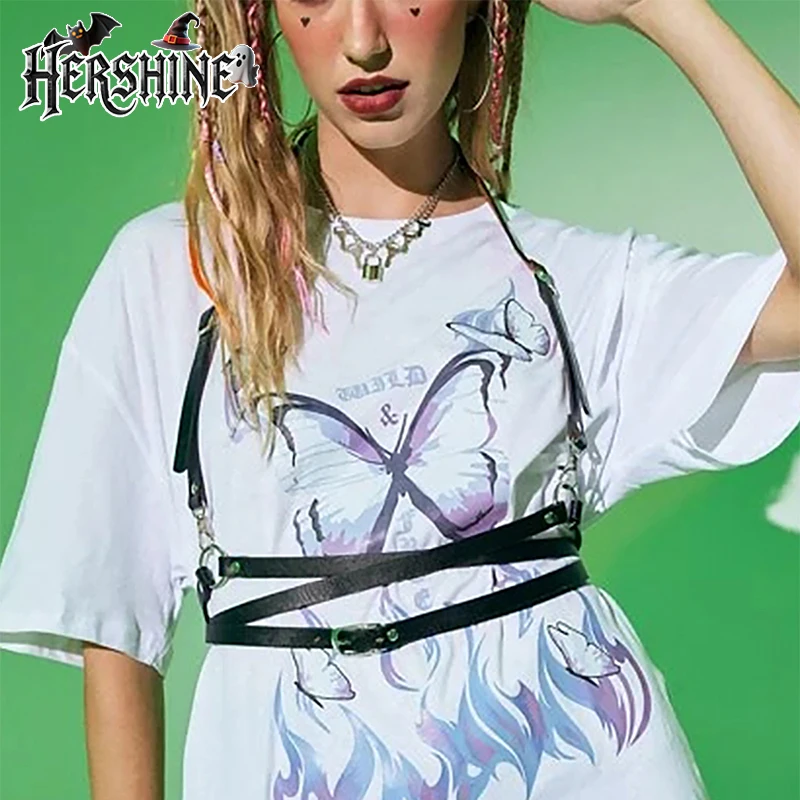 HERSHINE 1 piece women's one size fits all black metal buckle body belt seat belt shoulder strap Y2K Gothic punk Halloween acces