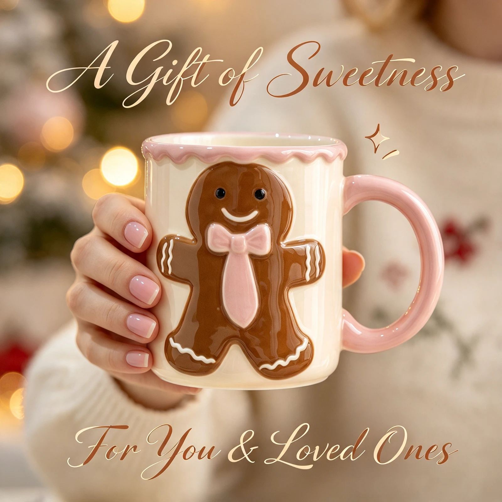 Cute Ceramic Gingerbread Man Mug, 3D Cartoon Christmas Coffee Cup, Pink Bow Tie Milk Tea, Mugs Xmas Holiday Gift Home, Decor