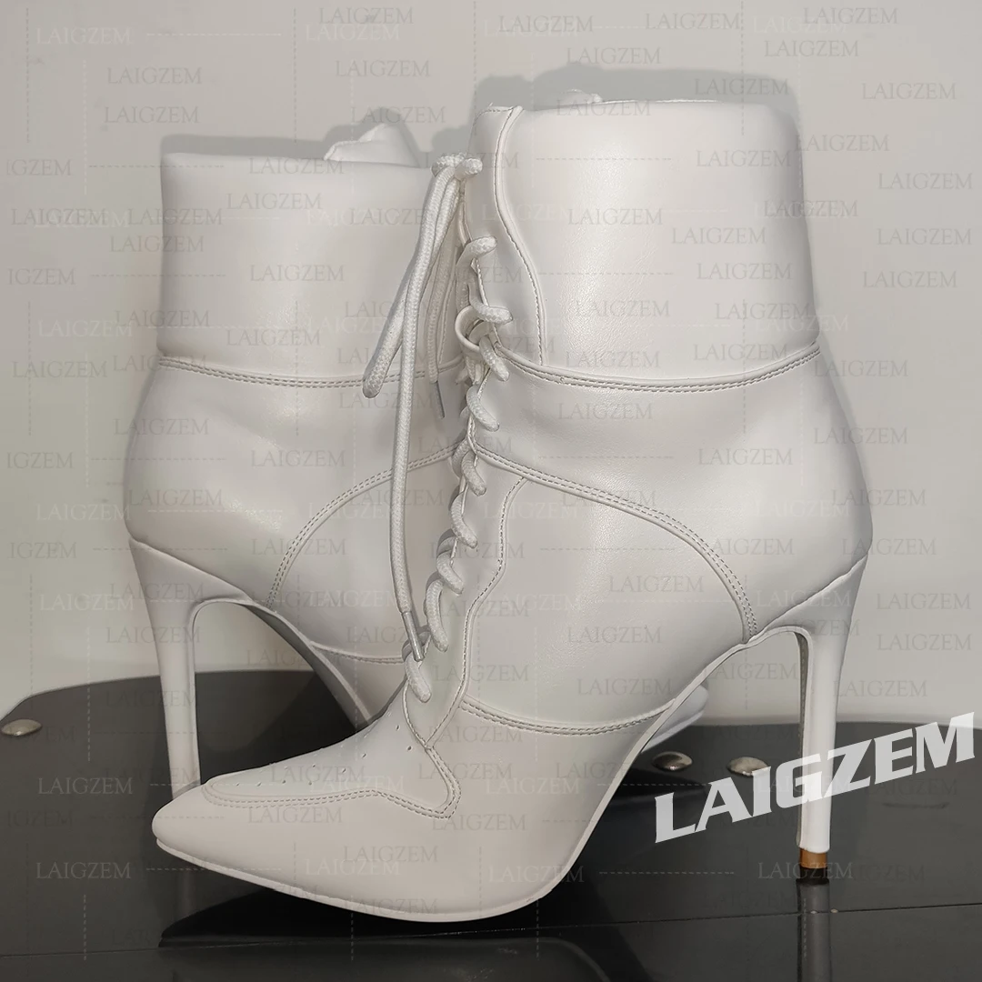 

ZHIMA Women Ankle Boots Pointed Toe Lace Up Faux Leather Thin High Heels Boots Handmade Ladies Shoes Woman Big Size 41 43 45 47