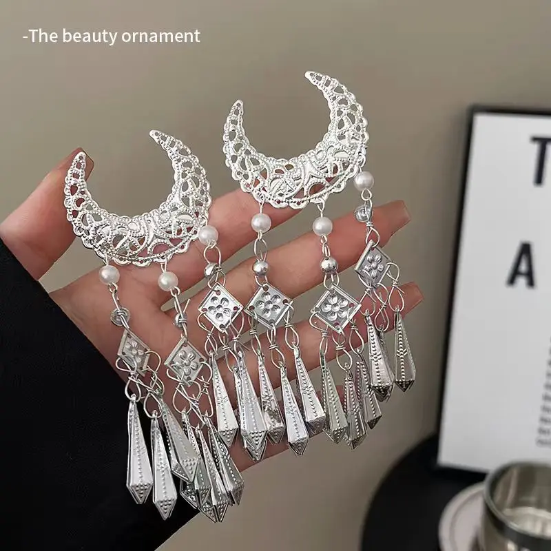 مشبك شعر جمالي شرقي على شكل هلال وقمر منقار البط مع شرابة متدلية دبوس شعر على الطراز الصيني العتيق للنساء أنيق