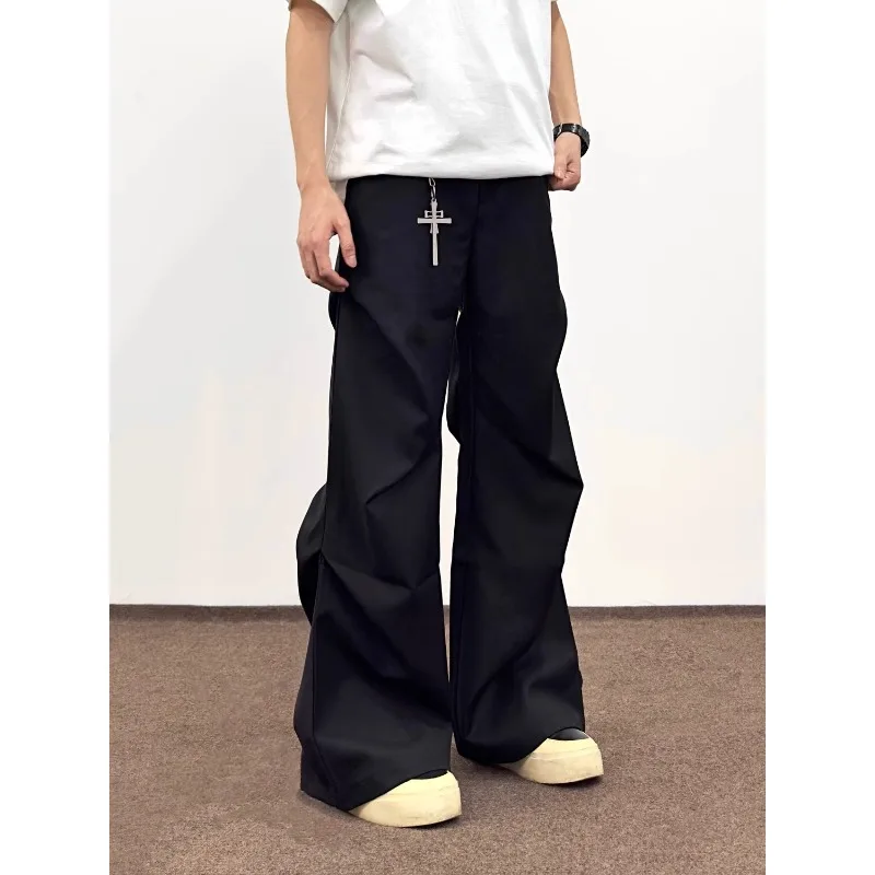 

Мужские повседневные брюки American Sle, удлиненные, слегка расклешенные, плиссированные, черные, прямого кроя, струящиеся, молодежный тренд, весенняя мода