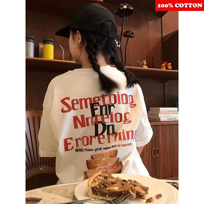 เสื้อยืดผ้าฝ้าย 100% ผู้หญิงฤดูร้อน 2025 ใหม่อเมริกันแฟชั่นแขนสั้นรูปแบบพิมพ์เสื้อยืดรอบคอหญิงเสื้อผ้า