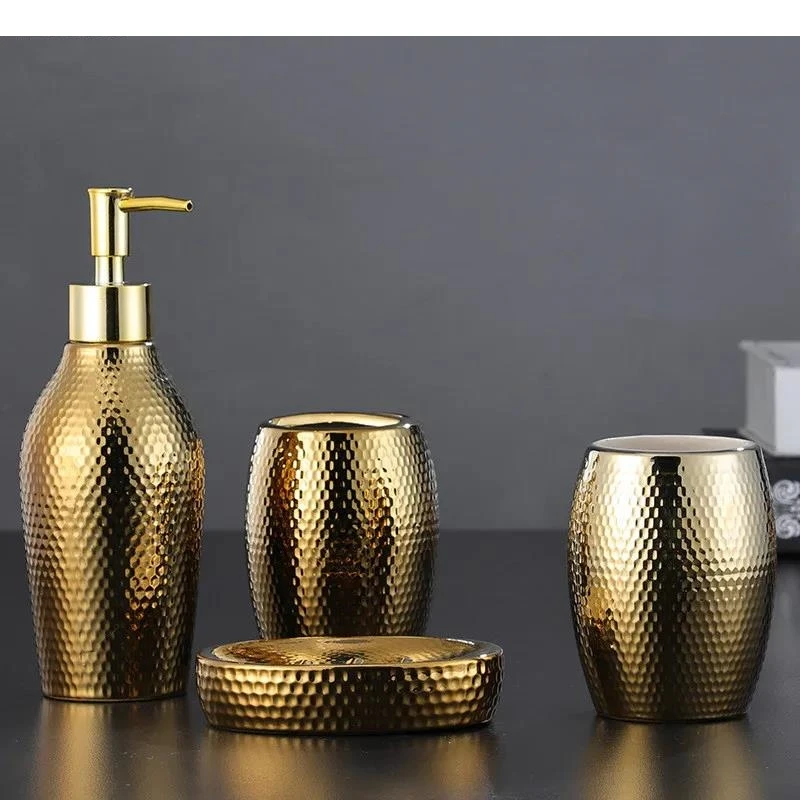 

Gold Ceramic Wash Four-Piece Soap Dispenser and Mouthwash Cup Dish Set Nordic Style Home Bathroom Accessories
