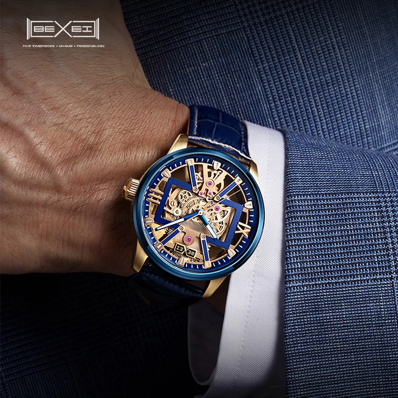 BEXEI 9053 Automatic mechanical fashion Man watch Luxury skeleton synthetic sapphire waterproof BX-015 movement Reserve 72H