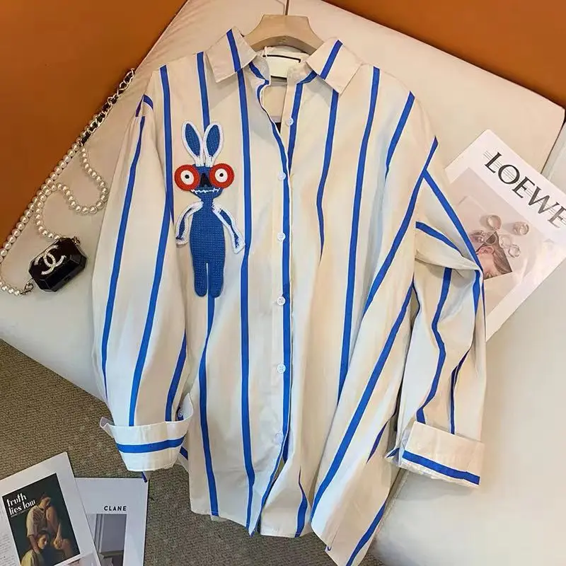 2024 Chiffon Women\'s Blue Striped Shirt with Rabbit Embroidery Designer Casual Blouse Long Sleeve Spring Top