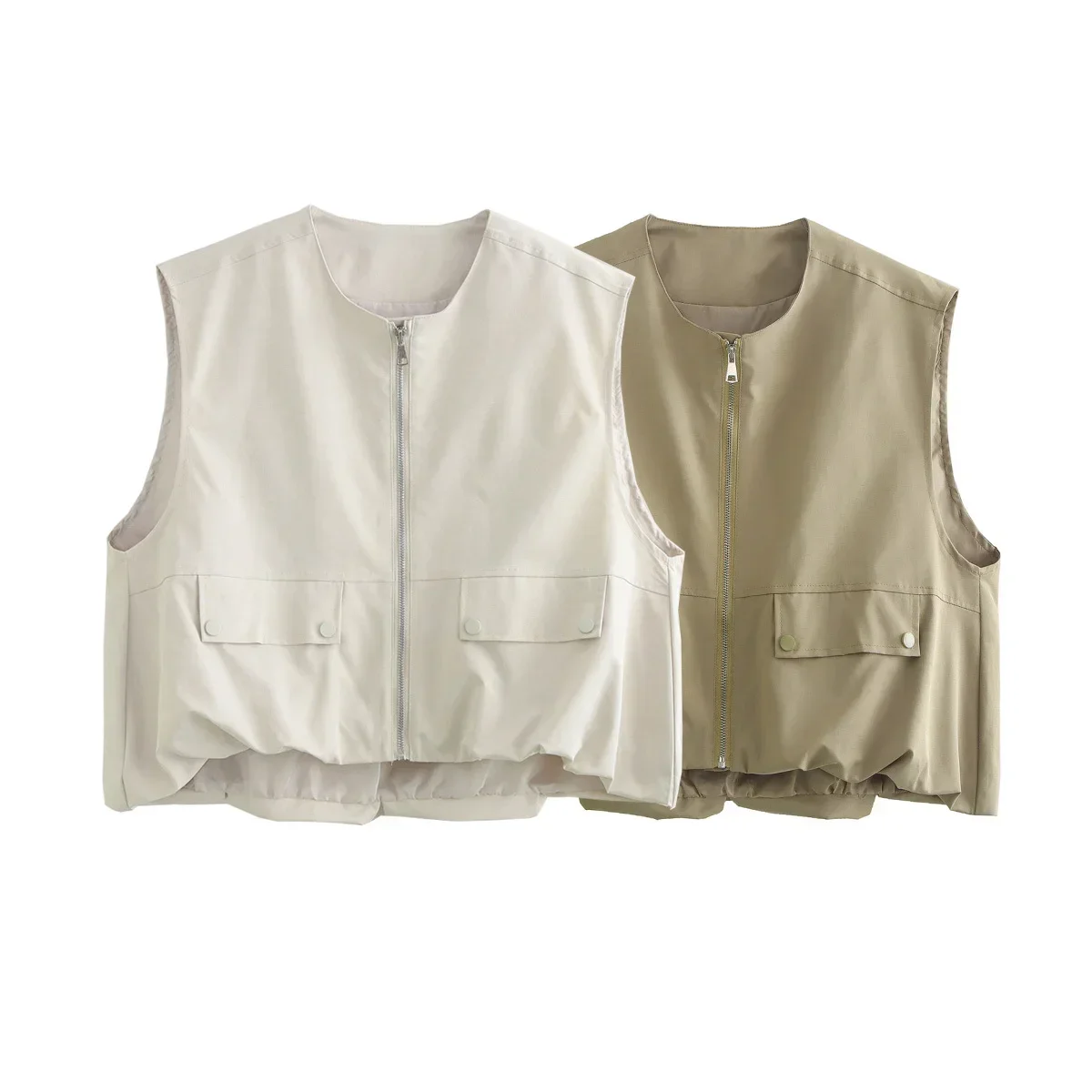 

Women's 2024 new fashion button decoration loose O Neck short vest style top retro sleeveless zipper women's vest chic top