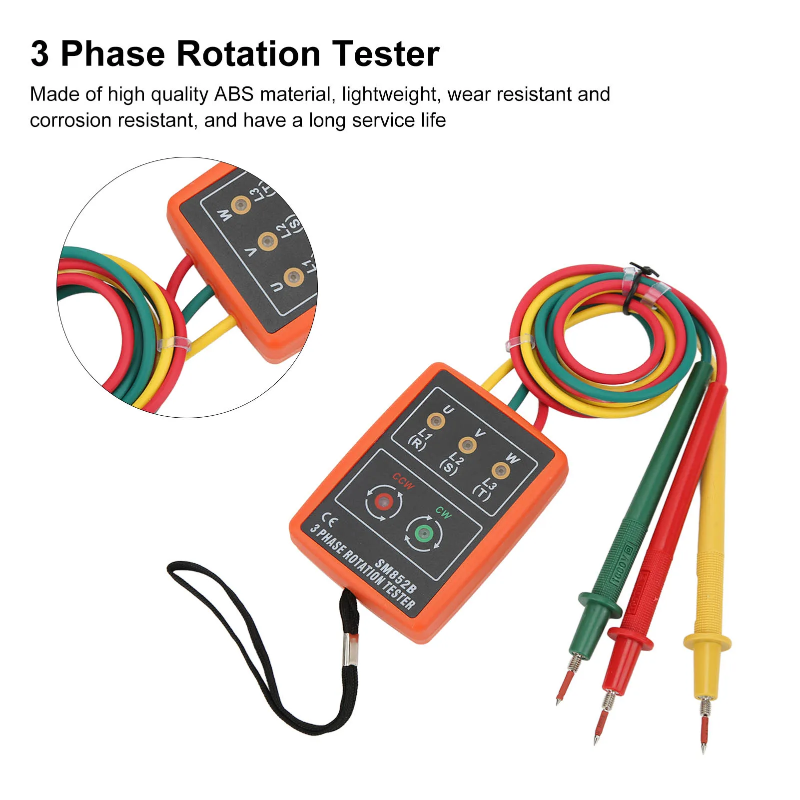SM852B เครื่องทดสอบการหมุน 3 เฟสเครื่องวัดการหมุน 3 เฟสแบบดิจิตอล ABS แบบพกพาและช่วงกว้างสำหรับการทดสอบไฟฟ้า AC 60 ~ 600V