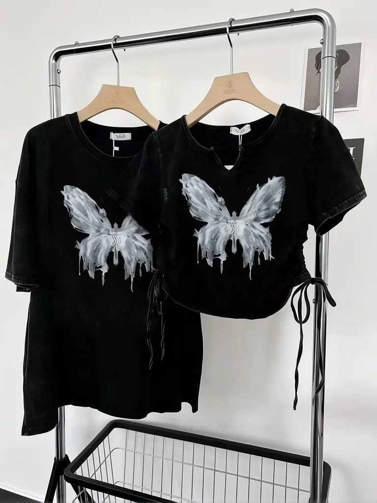 Y2k Gewaschenes Schwarzes Crop-Top Kurzarm-T-Shirt für Damen mit Schmetterlingsdruck Sommer Vintage Kleidung Übergroße Crop-Tops mit Kordelzug